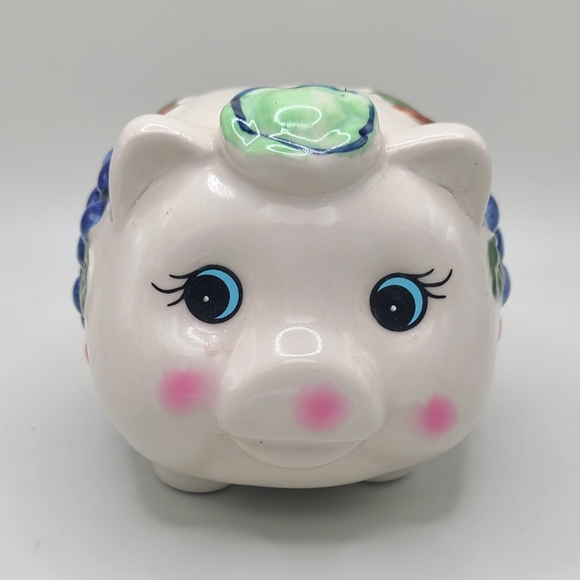 Vintage Piggy Bank Stoneware Pig Grape Cluster Stopper Wine Lovers - Picture 2 of 6